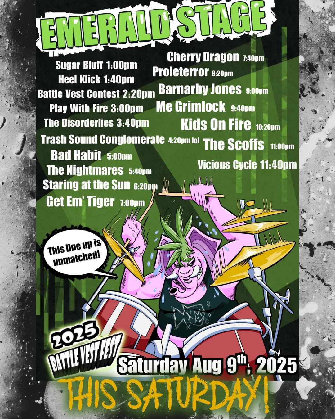 'Emerald Stage: List of bands playing. Illustration of an elephant playing the drums, saying 'this lineup is unmatched!!' 2025 Battle Vest Fest, Saturday Aug 9th, 2025'