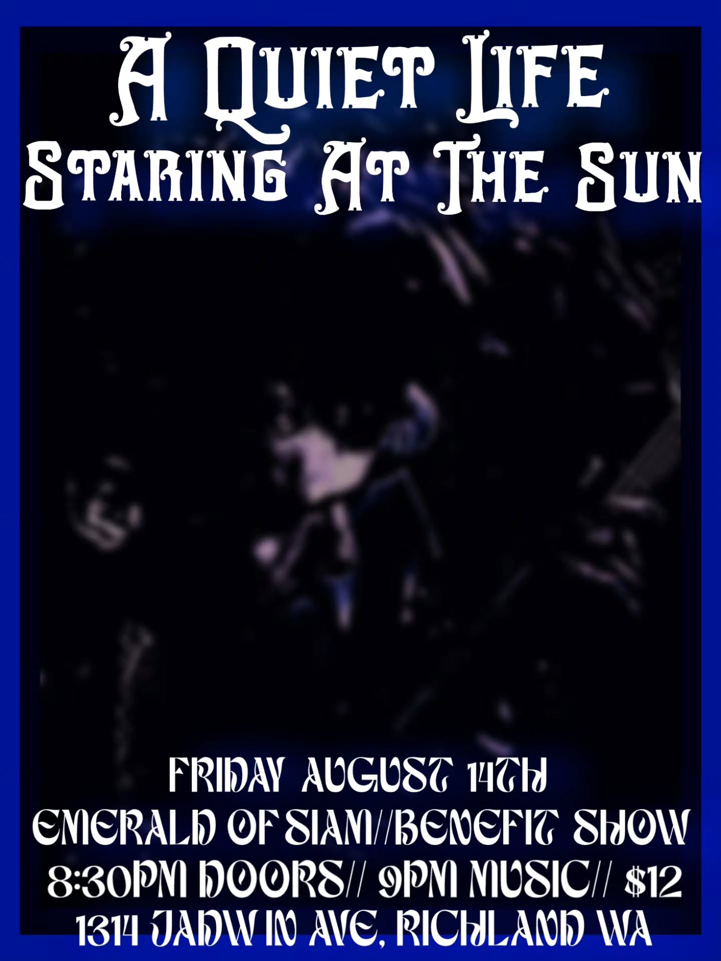 A Quiet Life. Staring At The Sun. Friday August 14th. Emerald of Siam Benefit Show. 8:30PM Doors. 9pm Music. $12. 1314 Jadwin Ave. Richland WA. A dark blurry concert photo in the background.