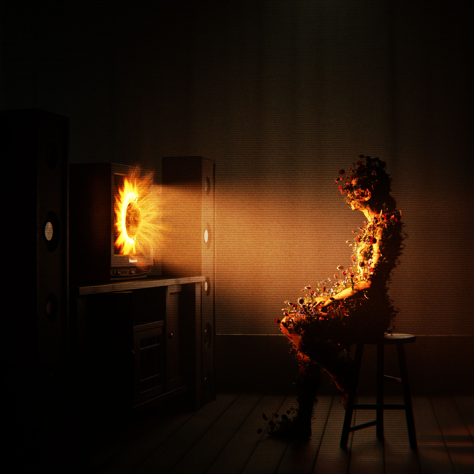 A female figure covered in flowers sits in front of a tv screen shining bright light directly at her, with rays of a sun emerging from the tv set.